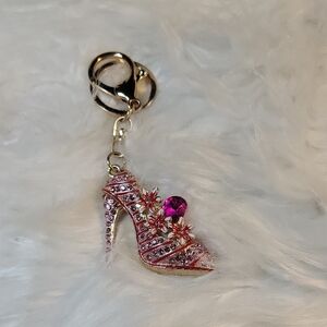 Pink Rhinestone High Heel Purse Charm Keychain/Floral Gold Tone